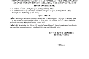 Quyết định 87/2005/QĐ-TTg Hiệp định giữa Việt Nam và Vương quốc Tây Ban Nha tránh đánh thuế hai lần ngăn trốn lậu thuế  thu nhập