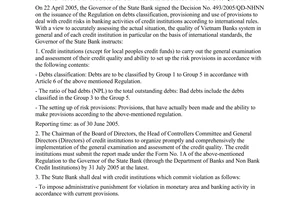 Directive No. 05/2005/CT-NHNN of April 26, 2005, on the implementation of debts classification and setting up of risk provisions in accordance with the Decision No. 493/2005/QD-NHNN