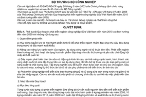 Quyết định 22/2005/QĐ-BCN Quy hoạch phát triển ngành công nghiệp Sữa Việt Nam đến năm 2010 định hướng đến năm 2020