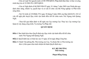 Quyết định 23/2005/QĐ-BNN quy trình vận hành điều tiết hồ chứa nước núi ngang tỉnh Quảng Ngãi