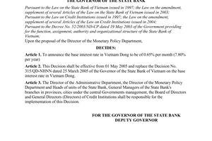 Decision No. 567/QD-NHNN of Apirl 29, 2005, on the base interest rate in Vietnam Dong