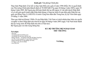 Công văn 1272-CV/NG-LPQT ngày hiệu lực của Hiệp định cơ chế giải quyết tranh chấp thuộc Hiệp định khung về hợp tác kinh tế ASEAN-Trung Quốc