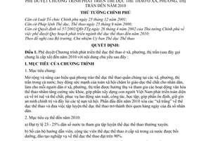 Quyết định 100/2005/QĐ-TTg chương trình phát triển thể dục thể thao xã, phường, thị trấn đến năm 2010