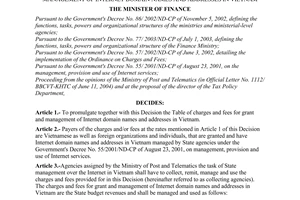 Decision no. 28/2005/QD-BTC of May 13, 2005 promulgating the table of charges and fees for grant and management of internet domain names and addresses in Vietnam