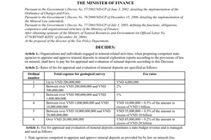 Decision no. 27/2005/QD-BTC of May 13, 2005 providing for the regime of collection, remittance, management and use of fee for appraisal and evaluation of mineral deposits