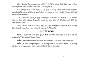 Quyết định 24/2005/QĐ-BNN Quy trình vận hành điều tiết hồ chứa nước Việt An tỉnh Quảng Nam