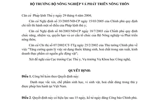 Quyết định 26/2005/QĐ-BNN Công bố danh mục vắc xin, chế phẩm sinh học, vi sinh vật, hoá chất dùng trong thú y đựơc phép lưu hành tại Việt Nam