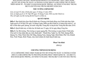 Quyết định 113/2005/QĐ-TTg Chương trình hành động Chính phủ Nghị quyết 39/NQ-TW phát triển KTXH bảo đảm an ninh Bắc Trung Bộ duyên hải đến năm 2010