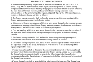 Circular No. 03/2005/TT-NHNN of May 25, 2005, providing guidance to finance leasing companies on the restructuring of repayment period, overdue debts classification for finance leasing activities