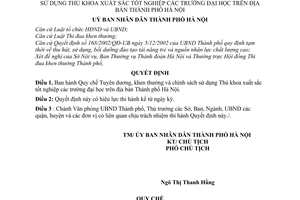 Quyết định 77/2005/QĐ-UB Quy chế Tuyên dương, khen thưởng chính sách sử dụng Thủ khoa xuất sắc tốt nghiệp trường đại học  địa bàn Hà Nội