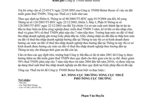 Công văn 1729 TCT/ĐTNN ưu đãi miễn giảm thuế TNDN