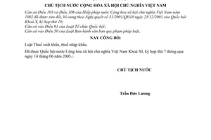 Lệnh công bố Luật Thuế xuất khẩu, thuế nhập khẩu 15/2005/L-CTN