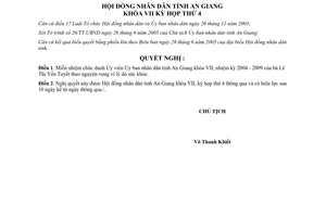 Nghị quyết 07/2005/NQ-HĐND miễn nhiệm chức danh Ủy viên Uỷ ban An Giang 2004-2009