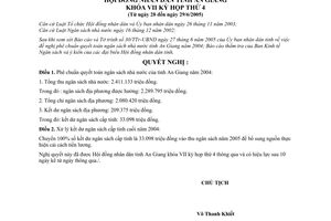 Chỉ thị 02/2005/NQ-HĐND phê chuẩn quyết toán ngân sách nhà nước An Giang năm 2004