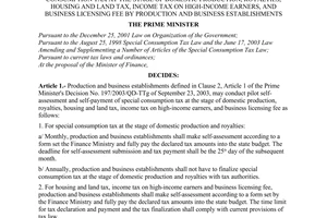 Decision No. 161/2005/QD-TTg of June 30, 2005 expanding pilot self-assessment and self-payment of special consumption tax at the stage of domestic production, royalties, housing and land tax, income tax on high-income earners, and business licensing fee by production and business establishments