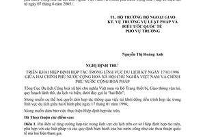 Nghị định thư triển khai Hiệp định hợp tác trong lĩnh vực du lịch giữa Việt Nam Pháp 2005