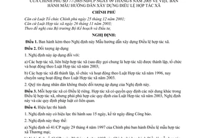 Nghị định 77/2005/NĐ-CP mẫu hướng dẫn xây dựng Điều lệ hợp tác xã