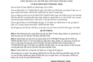 Quyết định 67/2005/QĐ-UB chức năng nhiệm vụ quyền hạn tổ chức bộ máy Sở Thể dục Thể thao Bắc Ninh