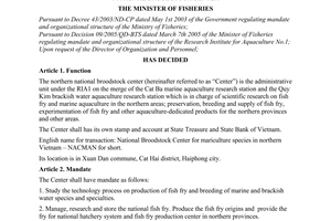 Decision no. 22/2005/QD-BTS of June 13, 2005, regulating mandate and organizational structure of Northern National Broodstock Center.