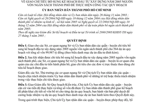 Quyết định 98/2005/QĐ-UBND giao chỉ tiêu bổ sung kinh doanh đầu tư xây dựng năm 2005 nguồn vốn ngân sách thành phố để thực hiện công tác quy hoạch