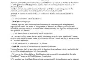 Law No. 42/2005/QH11 of June 14, 2005 on amendment of and addition to a number of articles of The Law on Customs