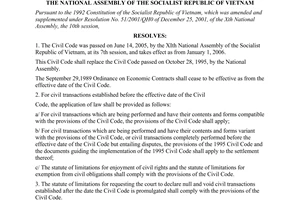 Resolution No. 45/2005/QH11, on implementation of the Civil Code, passed by the National Assembly