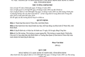 Quyết định 141/2005/QĐ- TTg thành lập ban hành Quy chế hoạt động Khu kinh tế Nhơn Hội, tỉnh Bình Định