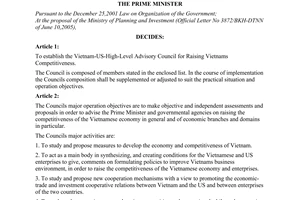 Decision No. 538/QD-TTg of June 16th, 2005, establishing the Vietnam-us-high-level advisory council for raising Vietnams competitiveness.