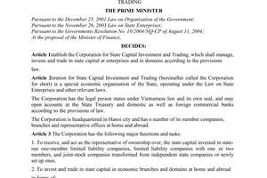 Decision No. 151/2005/QD-TTg, establising the Corporation for State Capital Investment and Trading, promulgated by the  Prime Minister of Government