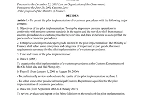 Decision no. 149/2005/QD-TTg of June 20, 2005 on the pilot implementation of e-customs procedures the prime minister