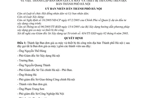 Quyết định 91/2005/QĐ-UBHN thành lập Ban đơn giá ca máy  thiết bị thi công địa bàn Hà Nội