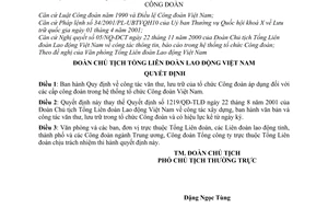 Quyết định 1406/2005/QĐ-TLĐ công tác văn thư, lưu trữ  tổ chức Công đoàn