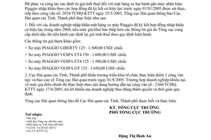 Công văn 2678/TCHQ-KTTT xác định trị giá tính thuế mặt hàng xe hai bánh gắn máy nhãn hiệu Piaggio nhập khẩu