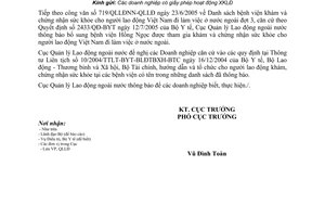 Công văn 848/QLLĐNN-QLLĐ thông báo bệnh viện khám sức khỏe cho lao động đi làm việc ở nước ngoài