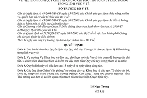 Quyết định 18/2005/QĐ-BYT Quy chế cấp chứng chỉ đào tạo quản lý điều dưỡng trong  y tế