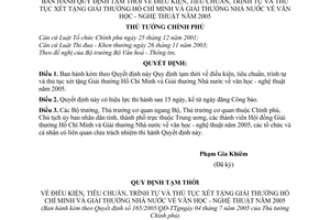 Quyết định 165/2005/QĐ-TTg điều kiện tiêu chuẩn trình tự thủ tục xét tặng Giải thưởng Hồ Chí Minh Giải thưởng Nhà nước về văn học nghệ thuật năm 2005