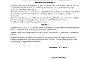 Decision no. 40/2005/QD-BTC of July 06, 2005 on release of the list of legal documents issued by the ministry of finance that had lapsed, abrogated or replaced