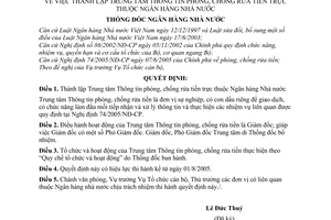 Quyết định 1002/2005/QĐ-NHNN thành lập trung tâm thông tin phòng chống rửa tiền thuộc Ngân hàng Nhà nước