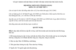 Quyết định 04/2005/NQ-HĐND chế độ trợ cấp học sinh Nội trú dân nuôi Hà Giang