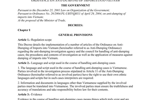 Decree no. 90/2005/ND-CP of July 11, 2005 detailing the implementation of a number of articles of the ordinance on anti-dumping of imports into Vietnam