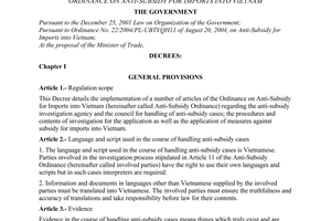Decree no. 89/2005/ND-CP of July 11, 2005 detailing the implementation of a number of articles of the ordinance on anti-subsidy for imports into Vietnam