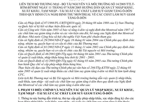 Thông tư liên tịch14/2005/TTLT-BTM-BTNMT quản lý xuất nhập khẩu tạm nhập tái xuất chất làm suy giảm tầng ô-dôn Nghị định thư Montreal