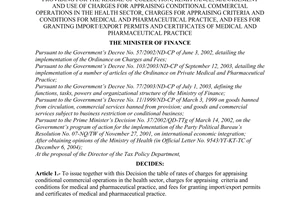 Decision No. 44/2005/QD-BTC, provided by the Ministry of Finance for the regime of collection, remittance, management and use of charges for appraising conditional commercial operations in the health sector, charges for appraising criteria and conditions for medical and pharmaceutical practice, and fees for granting import/export permits and certificates of medical and pharmaceutical practice.