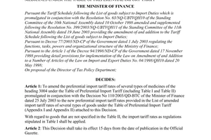 Decision No. 48/2005/QD-BTC, on amending the Preferential Import Tariff of several types of medicines under the table of Preferential Import Tariff, promulgated by the Ministry of Finance.