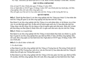 Quyết định 179/2005/QĐ-TTg thành lập Ban Quản lý khu công nghiệp tỉnh Sóc Trăng