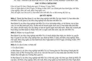 Quyết định 178/2005/QĐ-TTg thành lập Ban Quản lý khu công nghiệp tỉnh Bến Tre