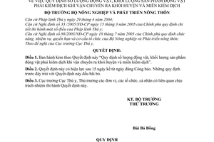 Quyết định 47/2005/QĐ-BNN số lượng động vật, khối lượng sản phẩm động vật phải kiểm dịch khi vận chuyển ra khỏi huyện miễn kiểm dịch
