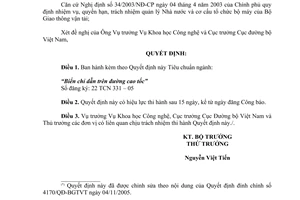 Quyết định 37/2005/QĐ-BGTVT Tiêu chuẩn Ngành Biển chỉ dẫn trên đường cao tốc Số đăng ký: 22 TCN 331 – 05