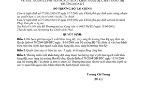 Quyết định 52/2005/QĐ-BTC bãi bỏ lệ phí hạn ngạch xuất khẩu hàng dệt, may sang thị trường Hoa Kỳ