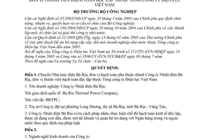 Quyết định 29/2005/QĐ-BCN chuyển Nhà máy điện Bà Rịa thành Công ty Nhiệt điện đơn vị thành viên hạch toán độc lập thuộc Tổng Điện lực Việt Nam